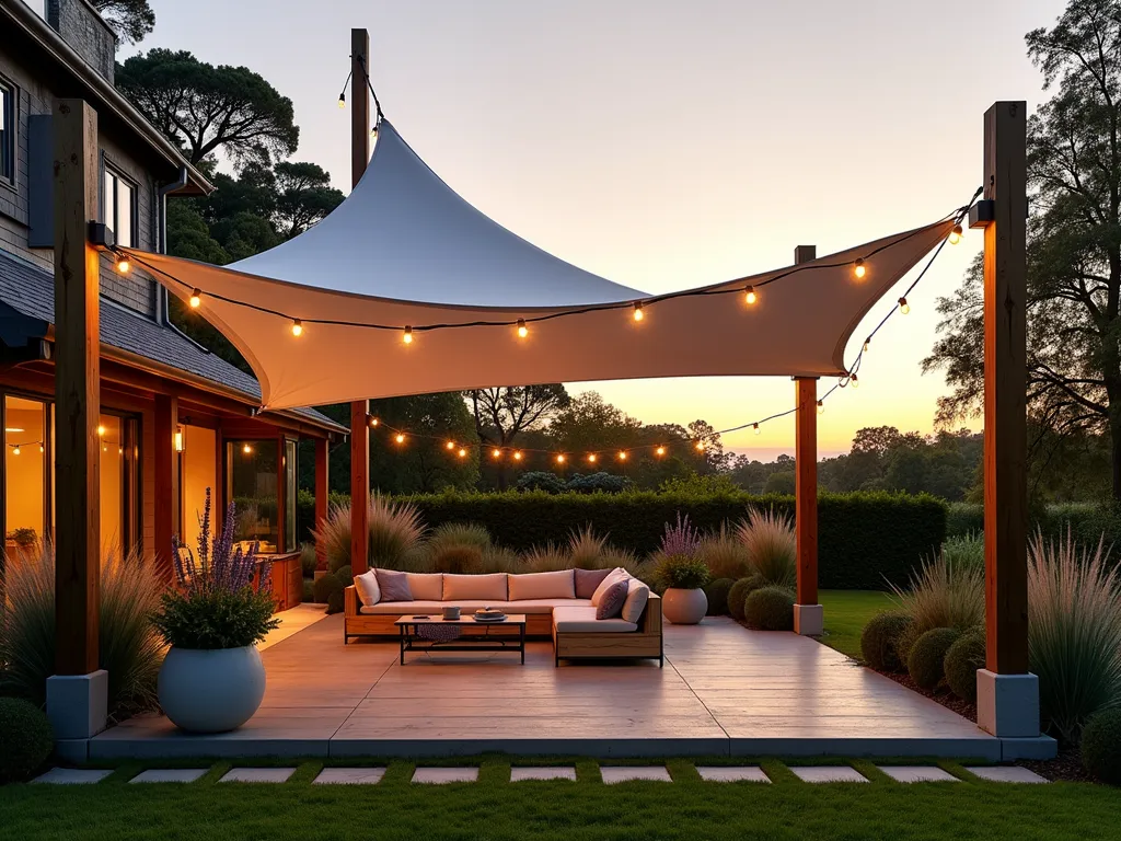 Modern Fabric Stretch Tent at Sunset - A stunning twilight garden scene featuring an elegant white sailcloth stretch tent gracefully suspended between wooden posts, creating a modern outdoor living space. The fabric billows gently in the evening breeze, casting soft shadows on a contemporary patio below. Warm sunset light filters through the translucent fabric, creating a magical ambiance. LED string lights weave between the tent's peaks, while potted lavender and ornamental grasses line the edges. Shot from a wide angle perspective at golden hour, with shallow depth of field highlighting the fabric's organic curves. The background shows a well-maintained garden with mature trees silhouetted against the warm sky. 16-35mm lens, f/2.8, ISO 400.