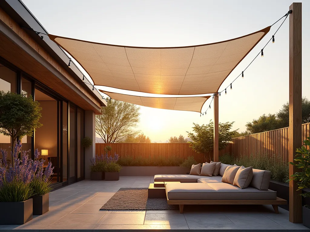 Modern Mesh Garden Canopy at Sunset - A serene backyard scene at golden hour, featuring a modern mesh shade structure spanning between sleek wooden posts. The off-white shade sail mesh creates geometric patterns of dappled light on a cozy seating area below, complete with modern outdoor furniture. Soft evening light filters through the semi-transparent mesh, while potted lavender and ornamental grasses sway gently in the breeze. The wide-angle perspective showcases the full structure against a warm sunset sky, with the mesh material rippling elegantly in the wind. Contemporary outdoor cushions in earth tones add comfort to the seating area, while string lights weave through the posts for evening ambiance. Photorealistic, architectural, 4K quality.