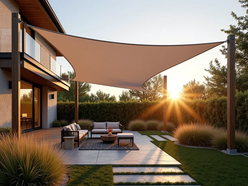 Modern Backyard Sail Shade Haven - A serene backyard setting at golden hour, featuring a modern triangle sail shade in crisp white suspended between three wooden posts. The shade creates dramatic angular shadows on a cozy patio area below, where modern outdoor furniture sits. Natural stone pavers lead to the seating area, while ornamental grasses sway in the background. The architectural lines of the sail shade contrast beautifully with soft landscape lighting beginning to glow as the sun sets. Wide-angle perspective captures the entire space, showing how the sail shade integrates with the overall garden design. Photorealistic, high-end architectural photography style.