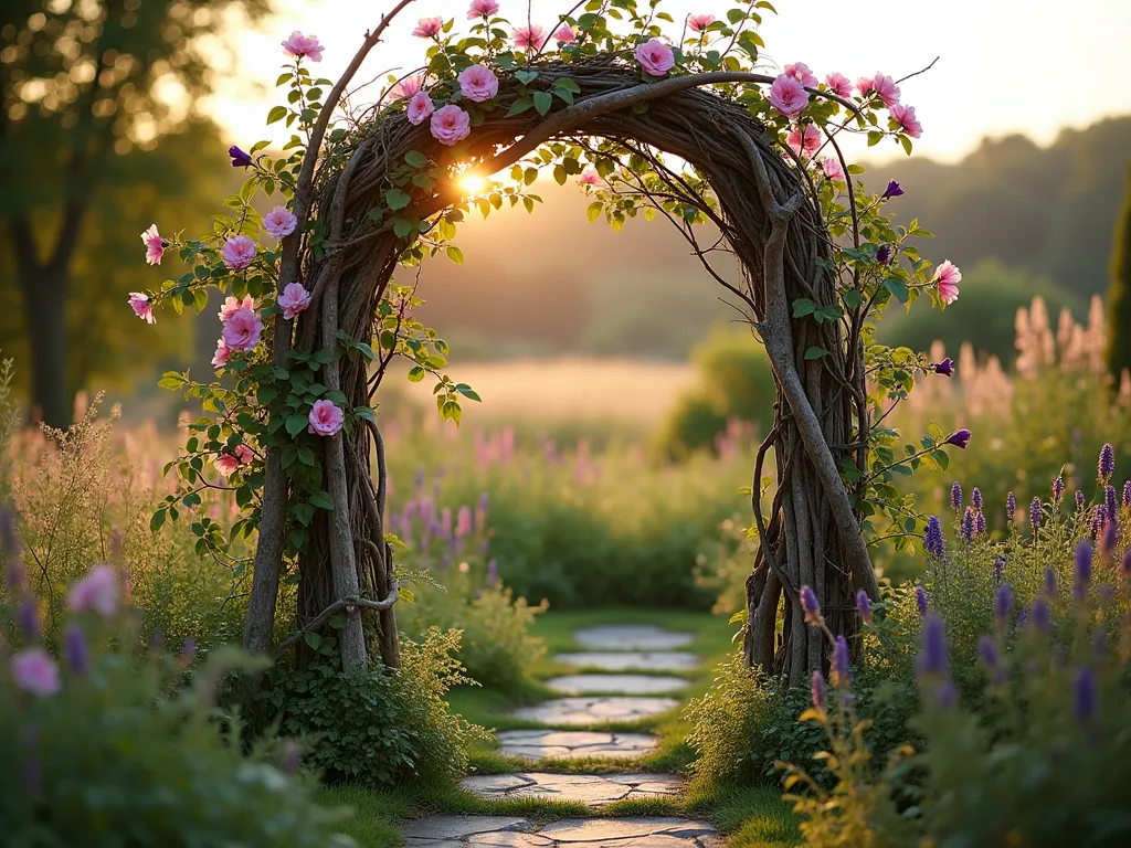 Natural Branch Arbor with Climbing Roses - A rustic garden arbor photographed during golden hour, crafted from intertwined fallen branches and weathered twigs, creating a natural archway. Delicate climbing roses and morning glory vines weave through the structure, with soft evening light filtering through the foliage. The wide-angle shot captures the entire 7-foot-tall arbor within a cottage-style garden setting, with a natural stone pathway leading through it. Soft bokeh effect in the background shows a mix of wildflowers and native plants. The structure maintains a natural, organic form while providing an enchanting garden focal point. Shot with warm, natural lighting emphasizing the texture of the weathered wood and the subtle pink and purple blooms.