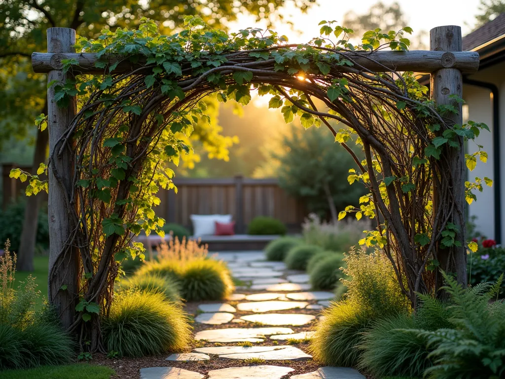 DIY Natural Branch Privacy Screen at Sunset - A rustic garden privacy screen photographed during golden hour, composed of weathered wooden posts supporting an intricate lattice of collected branches. Climbing jasmine and morning glory vines weave naturally through the structure, creating dappled shadows on a natural stone pathway. Shot at f/2.8 with a 16-35mm lens, capturing the warm evening light filtering through the branches, with a cozy seating area visible in the soft bokeh background. The screen spans 8 feet tall, featuring varying thicknesses of natural branches arranged in an artistic, yet organic pattern. Soft landscaping at the base includes ornamental grasses and native ferns, enhancing the natural aesthetic.