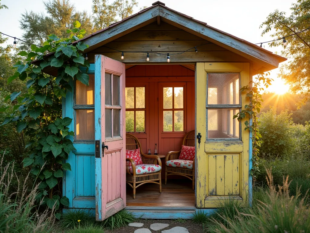 Whimsical Recycled Door Garden Cabana - A charming garden cabana created from vintage salvaged doors, photographed during golden hour. Four weathered wooden doors painted in cheerful Caribbean colors - aqua blue, coral pink, and sunshine yellow - are arranged to form walls, topped with a simple rustic pitched roof made of weathered wood and corrugated metal. Natural light filters through the doors' window panes, creating dappled shadows on a cozy seating area inside. Climbing jasmine and passion flower vines weave around the structure's corners. The cabana is set in a cottage garden with wild flowers and grasses, captured in a three-quarter view angle to show both the structure's depth and creative door arrangement. A vintage rattan chair and colorful cushions peek through the partially open front door, while string lights drape across the roof peaks