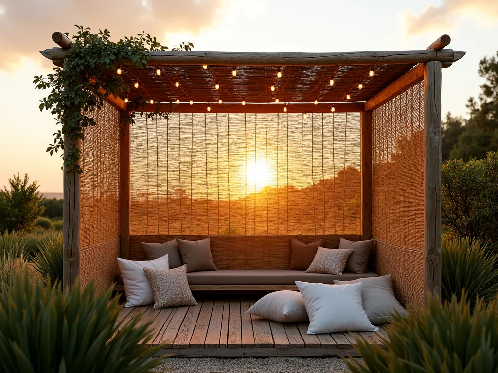 Serene Reed Screen Garden Shelter - A tranquil garden setting at golden hour featuring a DIY reed screen shelter mounted between natural wooden posts. The natural bamboo reed screening creates dappled shadows on a cozy seating area below, complete with weathered wooden bench and scattered floor cushions. Coastal ornamental grasses sway in the foreground, while climbing jasmine weaves through the shelter posts. Wide-angle perspective capturing the entire shelter structure against a warm sunset sky, with string lights delicately draped across the top adding a magical ambiance. The shelter's natural textures and beach-inspired aesthetic create an intimate, budget-friendly outdoor retreat.