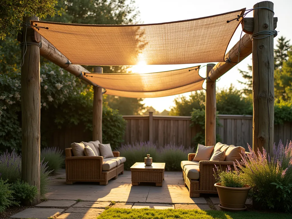 Rustic Burlap Garden Canopy - A serene late afternoon garden scene featuring a rustic DIY shade structure made from natural hessian burlap fabric elegantly stretched between weathered wooden posts. The fabric gently billows in the breeze, casting dappled shadows on a casual seating area below. Wide-angle shot showcasing the entire structure against a backdrop of climbing jasmine and potted lavender. Golden hour sunlight filters through the semi-transparent burlap, creating a warm, inviting atmosphere. The natural texture of the burlap adds organic charm to the garden space, while string lights are delicately wrapped around the posts for evening ambiance. Shot with shallow depth of field emphasizing the natural weave of the fabric, f/2.8, captured during golden hour with soft, warm lighting.