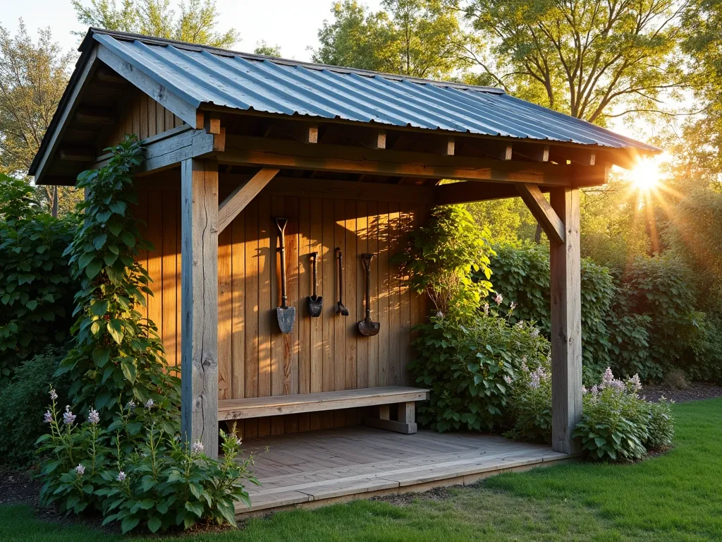 Rustic Garden Lean-to with Reclaimed Wood - A charming rustic lean-to shelter in a garden setting, photographed during golden hour. The structure features weathered reclaimed timber beams and posts, with a corrugated metal roof catching the warm evening light. The lean-to is built against a garden wall, creating a cozy nook with a recycled wooden bench underneath. Climbing jasmine decorates one corner, while vintage garden tools hang artistically on the wall. Shot with a wide-angle lens to capture the full structure and its integration with the surrounding garden space. The natural lighting casts beautiful shadows through nearby trees, creating a warm, inviting atmosphere. Professional DSLR photo with pristine clarity, showing the authentic texture of the reclaimed wood and the practical yet aesthetic appeal of sustainable garden architecture.