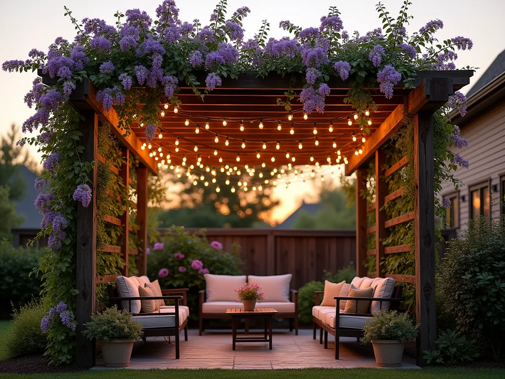 Rustic Ladder Pergola with Climbing Vines - A charming backyard scene at golden hour featuring a DIY pergola made from weathered wooden ladders arranged horizontally overhead, creating dappled shadows on a cozy patio space below. Lush wisteria and climbing roses cascade down from the ladder rungs, their purple and pink blooms intertwining naturally. Captured with a wide-angle perspective showing the entire structure against a warm sunset sky, with vintage-style string lights draped across the ladders adding a magical ambiance. The natural wood texture of the ladders is emphasized by the soft evening light, while potted plants and comfortable outdoor furniture beneath complete the cozy garden retreat.