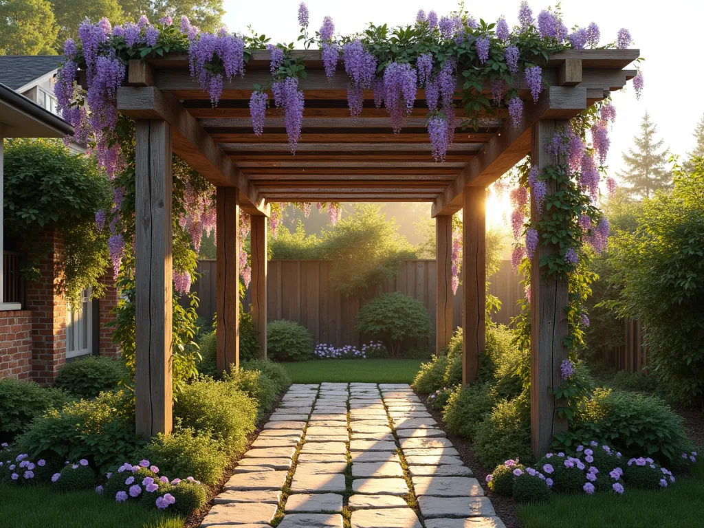 Rustic DIY Pallet Pergola with Wisteria - A charming DIY pergola made from weathered wooden pallets in a sunny backyard garden setting, captured during golden hour. The structure features vertical pallet posts supporting horizontal pallet slats that create dappled shadows on the ground. Mature wisteria vines with cascading purple blooms gracefully wind around the posts and drape over the top, creating a natural canopy. Shot from a wide angle at f/8 showing the entire structure within its garden context, with soft evening sunlight filtering through the pergola's slatted roof. The rustic wood tones contrast beautifully with the lush greenery and vibrant flowers, while string lights add a magical touch. Flagstone pavers lead up to the pergola, with cottage-style garden beds featuring mixed perennials on either side. Photorealistic, atmospheric, architectural detail, 8K resolution.