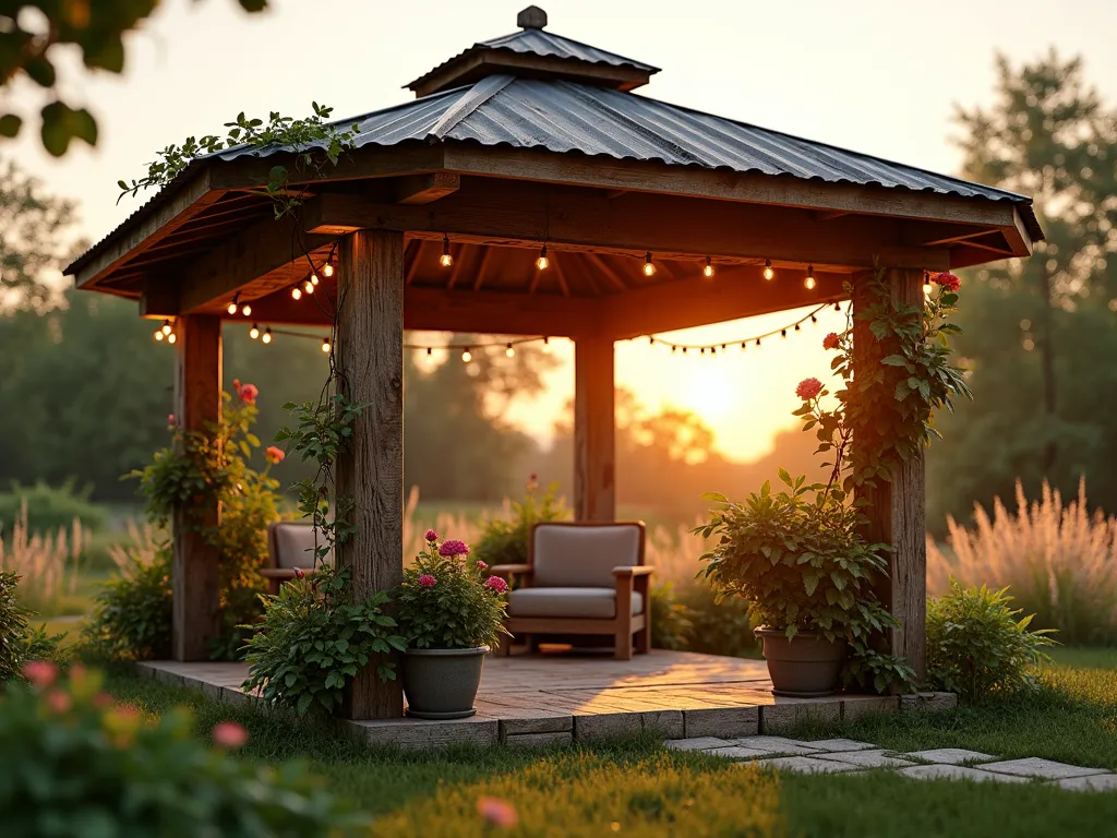 DIY Rustic Pallet Wood Gazebo at Sunset - A charming rustic gazebo crafted from reclaimed pallet wood stands proudly in a cottage garden setting, photographed during golden hour. The structure features weathered wood beams arranged in an octagonal pattern, topped with a corrugated metal roof that catches the warm sunset light. Natural climbing roses and jasmine begin to wind their way up the sturdy posts, while string lights draped along the beams create a cozy atmosphere. The wide-angle shot captures the entire 8-foot-tall structure while showing its integration into the surrounding garden landscape, with soft bokeh effects in the background highlighting ornamental grasses. The handcrafted joints and rustic hardware details are visible, showcasing the DIY craftsmanship. Shot with dramatic side lighting to emphasize the wooden texture and architectural details. 8K resolution, photorealistic, architectural photography.