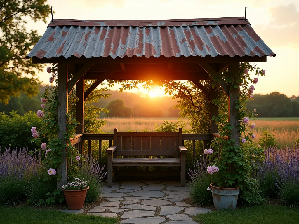 Rustic Recycled Metal Garden Shelter - A charming rustic garden shelter photographed during golden hour, featuring weathered corrugated metal roofing atop a simple wooden frame structure. Wide-angle shot showcasing the shelter nestled in a cottage garden setting with climbing roses and jasmine vines gracefully wrapping around the support posts. The warm evening sun casts intricate shadow patterns through the metal roof onto a weathered wooden bench below. Natural stone pavers lead to the shelter, while potted lavender plants frame the entrance. The structure's industrial-meets-cottage aesthetic is enhanced by the patina of the recycled metal roofing, captured with cinematic depth of field at f/2.8.