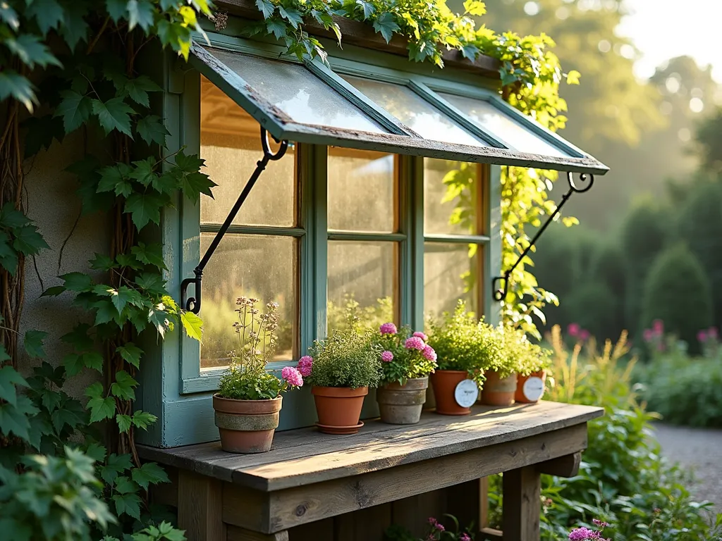 Vintage Window Garden Awning - A charming upcycled garden awning made from three weathered window frames mounted at an angle above a rustic wooden potting bench, late afternoon sunlight streaming through the glass panes casting dappled shadows below. The window frames are painted in a soft sage green color complementing the surrounding garden, with climbing jasmine delicately wrapping around the mounting brackets. The scene is set against a cottage-style garden backdrop with blooming perennials, captured from a slight side angle to show both the structural detail and the interplay of light and shadow. The mounting hardware is tastefully disguised with vintage-style decorative brackets in wrought iron.