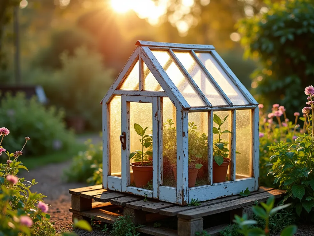 Vintage Window Greenhouse at Dawn - A charming DIY mini greenhouse constructed from reclaimed vintage windows in a rustic garden setting, photographed at dawn with golden sunlight filtering through the glass panes. The greenhouse features weathered white window frames arranged in an A-frame structure, built on a base of recycled wooden pallets. Inside, tender seedlings and small potted plants are visible through the misty glass. The structure is surrounded by cottage garden flowers and climbing vines, with morning dew glistening on the glass. Shot with a wide-angle lens at f/2.8, creating a dreamy bokeh effect in the background garden. The natural morning light creates long shadows and highlights the vintage character of the repurposed materials.