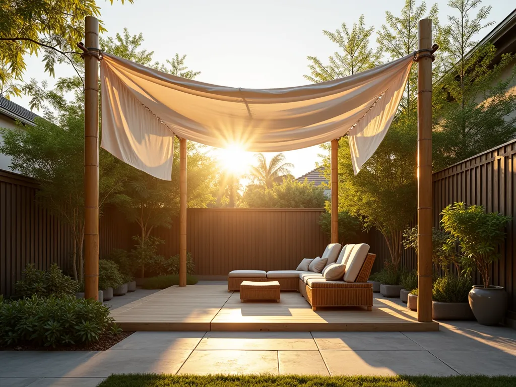 Zen Garden Bamboo Canopy at Sunset - A serene backyard setting at golden hour featuring a DIY bamboo pole canopy structure. The canopy, made from tall natural bamboo poles arranged in a geometric pattern, supports flowing white weather-resistant fabric that creates gentle shadows on the zen garden below. The structure frames a peaceful sitting area with simple outdoor furniture. Natural sunlight filters through the fabric, creating a warm, inviting atmosphere. The surrounding space includes potted bamboo plants and oriental-style landscaping elements. Shot with a wide-angle lens capturing the entire structure and its integration with the garden space, with the setting sun casting long shadows and golden light through the translucent canopy fabric. Photorealistic, high resolution, architectural photography style.