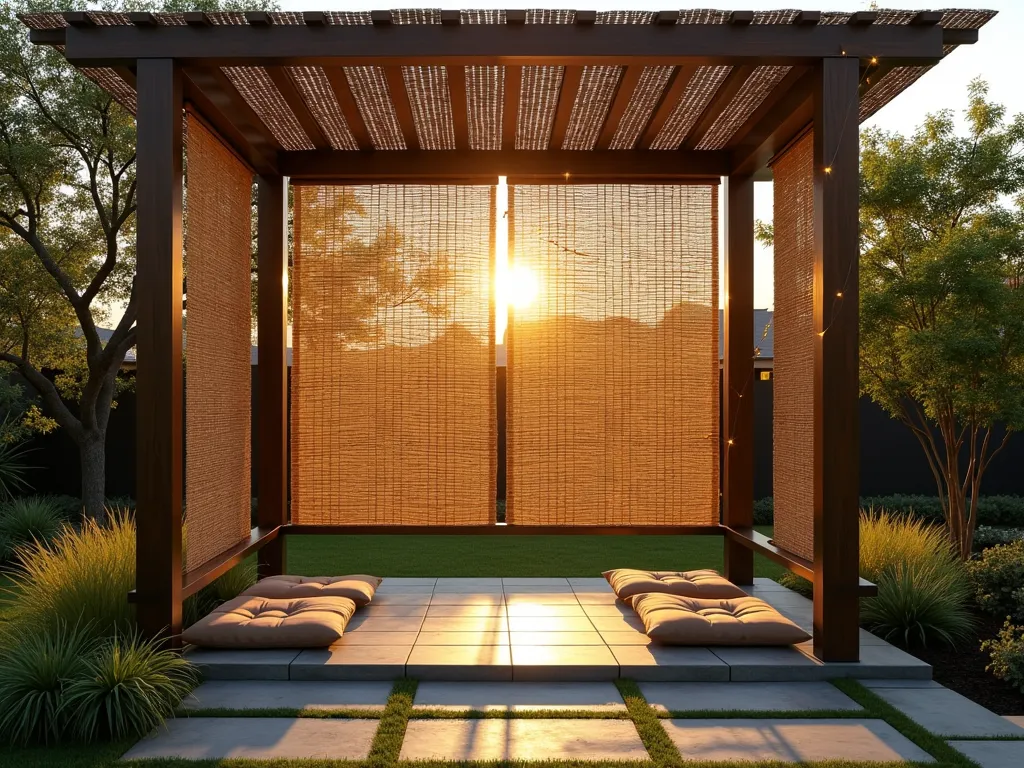 Zen Bamboo Garden Shelter - A serene garden scene at golden hour featuring a modern bamboo screen shelter. Wide-angle shot of a wooden pergola structure with rolled bamboo screens creating dappled shadows on a stone patio below. Japanese maple and ornamental grasses frame the scene, while string lights add a warm ambiance. The bamboo screens are partially rolled, showing their versatility, with some filtering the setting sun's rays. Natural stone pavers lead to the shelter, where comfortable floor cushions in earthy tones create an inviting meditation space. The structure features clean lines with dark-stained wooden posts, creating a striking contrast against the natural bamboo. Shot with shallow depth of field highlighting the intricate texture of the bamboo weave.