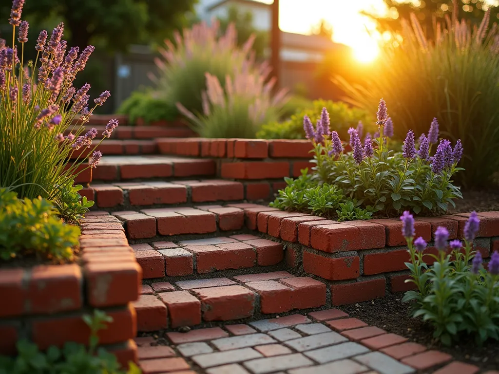 Rustic Tiered Brick Garden at Sunset - A warm sunset illuminates a charming tiered garden constructed with weathered red reclaimed bricks, photographed at f/2.8 with a 16-35mm wide-angle lens. Three ascending levels of dry-stacked brick walls create gentle curves through a residential backyard, each tier filled with cascading plants and flowering perennials. The brick walls, approximately 2 feet high each, show authentic patina and character from their previous life. Golden evening light casts long shadows across the textured brick surfaces, highlighting their rustic imperfections. Small Mediterranean herbs peek through gaps between bricks, while the top tier features lavender and ornamental grasses swaying in the gentle breeze. Shot from a low angle to emphasize the architectural details of the brick laying pattern and the impressive yet approachable scale of the DIY project.