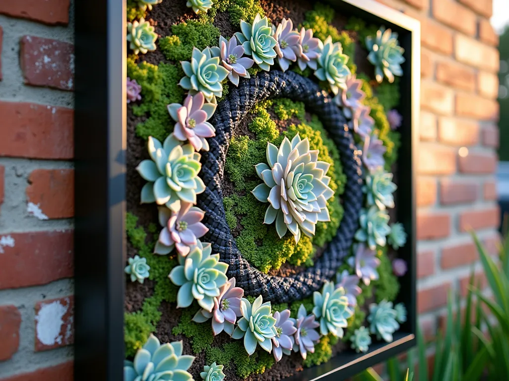 Artistic Succulent Living Wall - A stunning close-up photograph of a modern vertical garden mounted on an outdoor patio wall, featuring an intricate geometric pattern created with diverse succulents arranged within a black-painted chicken wire frame. The living wall art showcases a vibrant mix of Echeveria, Sedum, and Sempervivum in shades of blue-green, pink, and purple, creating a mesmerizing mandala design. Golden afternoon sunlight casts gentle shadows across the textured arrangement, highlighting the varied forms and colors of the succulents. The 4x4 foot frame is professionally mounted against a weathered brick wall, with small clusters of trailing succulents gracefully spilling over the edges. Shot with shallow depth of field to emphasize the intricate details of the succulent rosettes while maintaining the overall pattern composition. DSLR, f/8, ISO 100, 1/125s, natural lighting.