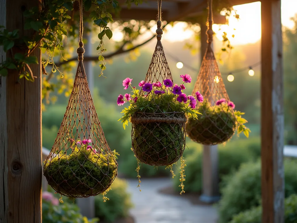 Bohemian Chicken Wire Hanging Garden - A close-up shot of handcrafted cylindrical and teardrop-shaped chicken wire hanging planters on a rustic wooden pergola, captured during golden hour. The planters are artfully lined with emerald green moss and overflow with cascading purple petunias, vibrant fuschia trailing geraniums, and delicate string of pearls succulents. Soft evening light filters through the wire mesh creating intricate shadow patterns on the weathered deck below. The bohemian-style planters are suspended at varying heights using macramé-style natural jute ropes, creating a dreamy, layered garden vignette. Shot with a DSLR camera at f/8, ISO 100, 1/125 sec, capturing the ethereal atmosphere and intricate details of the wire construction. Background shows a blurred garden setting with string lights and natural foliage.