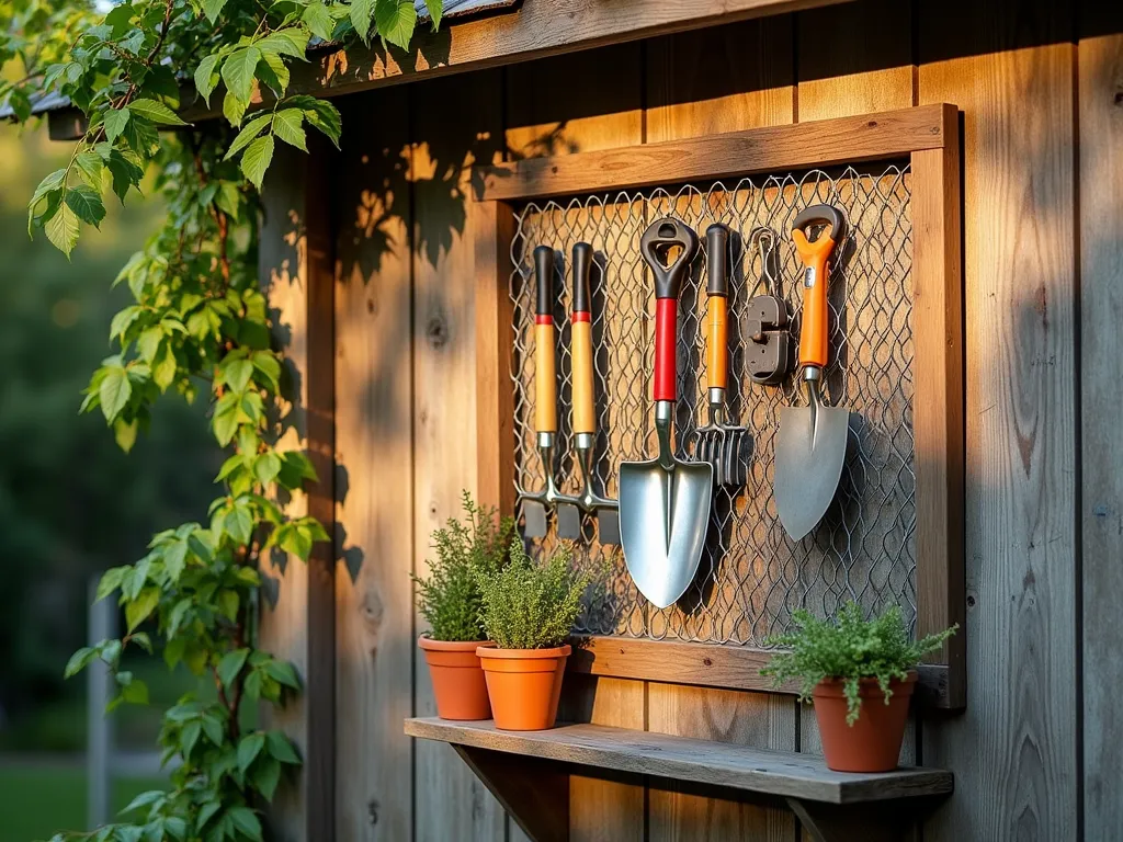 Rustic Chicken Wire Garden Tool Organization - Close-up shot of a weathered wooden garden shed wall at golden hour, featuring an organized DIY chicken wire tool organizer panel. The galvanized chicken wire mesh is mounted on a vintage-style wooden frame, displaying neatly hung garden tools including pruning shears, trowels, gardening gloves, and hand rakes. Soft sunlight filters through nearby trees, casting dappled shadows on the rustic setup. Small potted herbs in terracotta pots sit on a wooden shelf below the organizer, while climbing jasmine frames one corner of the scene, adding a natural, lived-in feel to the practical storage solution. The chicken wire's hexagonal pattern creates interesting shadow play on the shed wall.