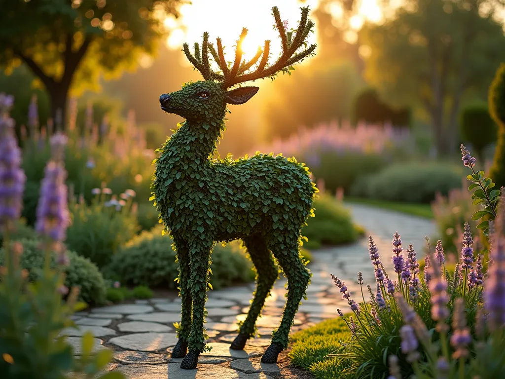 Elegant Chicken Wire Deer Topiary at Sunset - A stunning backyard garden scene at golden hour featuring a 6-foot-tall deer-shaped chicken wire topiary frame covered in lush English ivy and climbing jasmine. The deer stands gracefully on a natural stone path, surrounded by blooming perennial gardens. Soft sunset light filters through the topiary's delicate wire mesh structure, creating intricate shadows on the ground. Shot at f/2.8 with a shallow depth of field, focusing on the deer's detailed wire frame construction while gently blurring the background gardens filled with lavender and roses. The artistic wire sculpture showcases the perfect balance between structured form and natural growth, demonstrating sophisticated garden design.