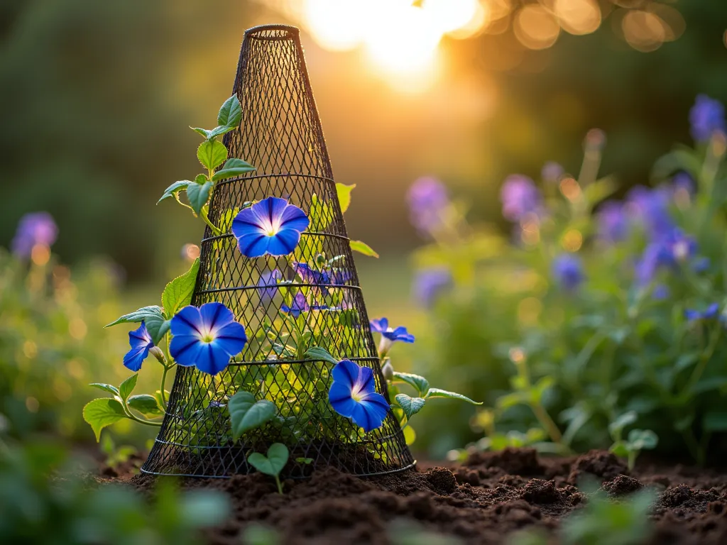 Eco-Friendly Chicken Wire Plant Support with Morning Glory - A close-up perspective of an artistic, conical chicken wire plant support structure in a lush garden setting during golden hour. The handcrafted support, standing 6 feet tall, features vibrant blue morning glory vines elegantly weaving through the metallic mesh. Soft morning light filters through the wire structure, casting intricate shadows on the rich soil below. The support is surrounded by complementary cottage garden flowers, with dew drops glistening on the foliage. Shot with shallow depth of field highlighting the sustainable design while maintaining professional DSLR image quality at f/8, capturing the delicate interplay of light and organic forms.