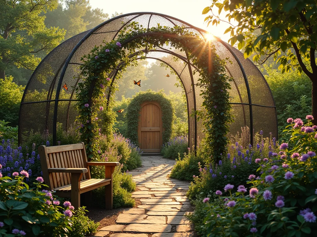 Enchanted Butterfly Sanctuary - A magical garden scene at golden hour featuring a large walk-through butterfly house made of elegant arched chicken wire panels. The structure is 8 feet tall with a curved roof, filled with blooming butterfly bush, lantana, and purple coneflowers. Sunlight streams through the wire mesh, creating ethereal shadows on the garden path below. Several monarch and swallowtail butterflies flutter among the flowers. The sanctuary is surrounded by lush garden beds and climbing jasmine vines that weave through the chicken wire walls. A rustic wooden entrance door adds charm, while small seating areas with vintage garden benches invite quiet observation. Wide-angle perspective captures the entire sanctuary nestled within a mature garden landscape.