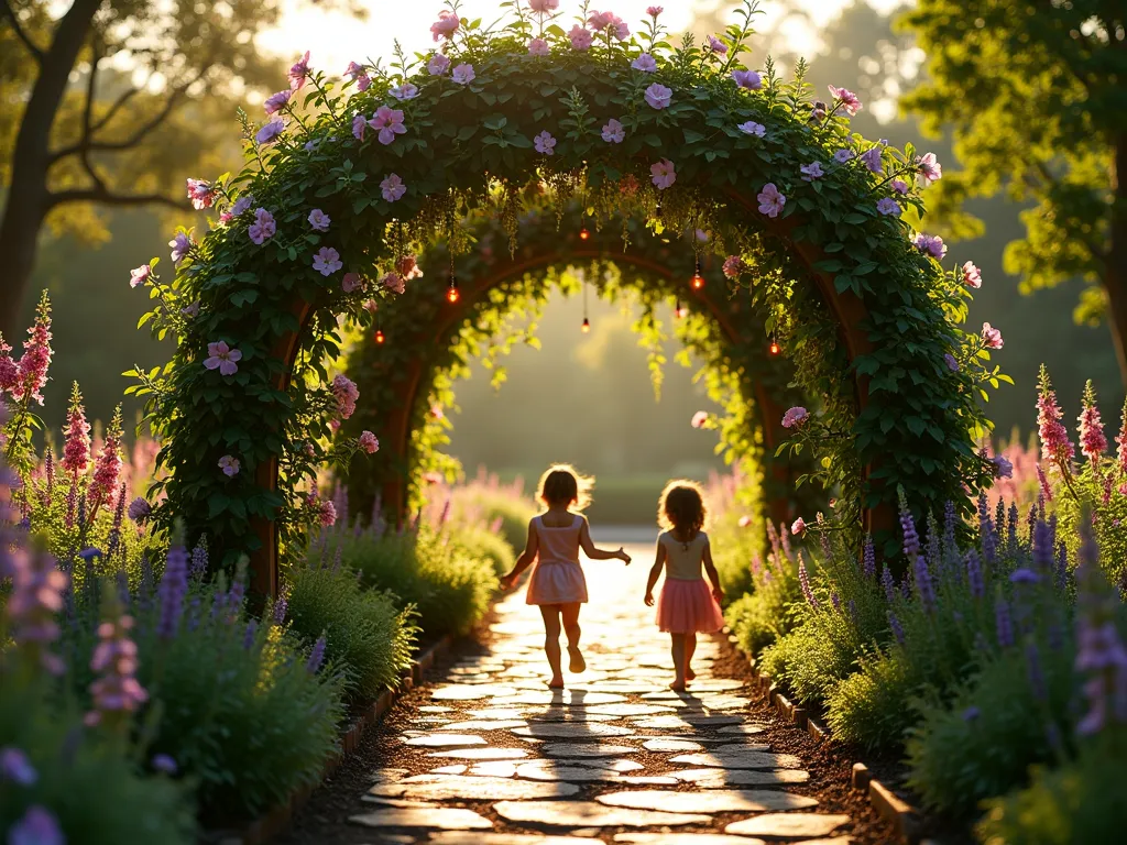 Enchanted Children's Garden Tunnel - A magical garden scene at golden hour featuring an arched tunnel made of chicken wire, 8 feet tall and 15 feet long, completely covered in blooming morning glories and climbing roses. Sunlight filters through the lush foliage creating dappled shadows on a natural stone pathway beneath. Two children are visible playing inside the whimsical tunnel, their silhouettes casting long shadows. The tunnel is flanked by cottage garden flowers including lavender and foxgloves, with butterfly bushes adding height at the entrance. A vintage wooden arbor frames the entrance, while string lights are delicately woven through the structure. Shot from a low angle perspective to emphasize the tunnel's height and magical quality, with soft bokeh effects in the background showing a well-maintained garden landscape. DSLR, f/8, ISO 100, 1/125s, golden hour lighting.