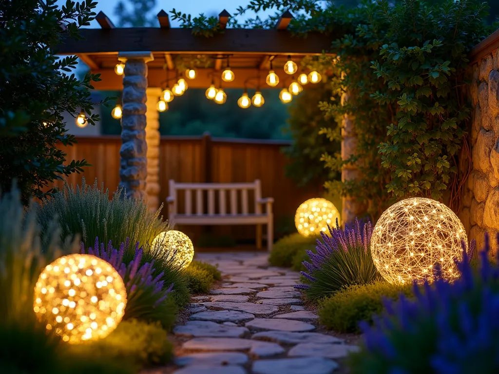 Enchanted Garden Illuminated Wire Spheres - A twilight garden scene featuring handcrafted chicken wire spheres of varying sizes (12-24 inches) illuminated with warm white LED fairy lights, creating magical orbs of light. The spheres are artfully arranged along a curved garden path bordered by lavender and ornamental grasses. Some spheres rest on the ground while others hang at different heights from a weathered pergola draped with climbing jasmine. The soft, ethereal glow reflects off dewy plants and creates enchanting light patterns on nearby stone walls. Captured in a wide-angle perspective with a shallow depth of field, emphasizing the dreamy atmosphere of dusk. A vintage wrought iron bench sits in the background, with the illuminated spheres creating a captivating ambient lighting display.