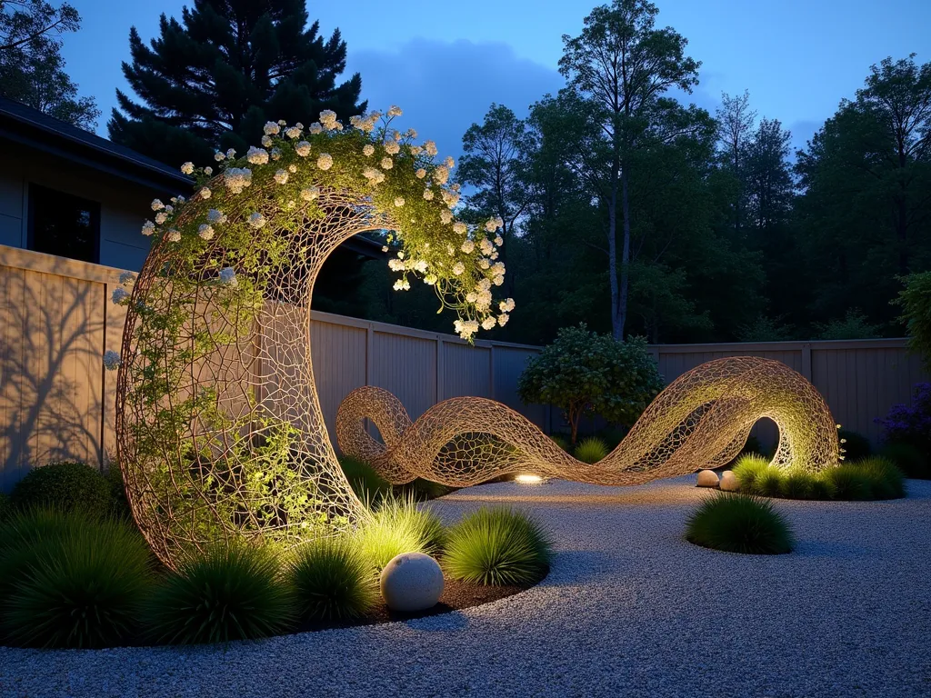 Ethereal Chicken Wire Garden Sculpture - A stunning twilight garden scene featuring a 7-foot tall abstract chicken wire sculpture resembling flowing waves, masterfully crafted into an organic, undulating form. The sculpture is partially covered with blooming moonflowers and silver falls dichondra, creating a mesmerizing contrast between bare industrial wire and living plants. Soft garden lighting illuminates the sculpture from below, casting intricate shadow patterns on a nearby stone wall. The piece is positioned as a focal point in a modern zen garden, surrounded by crushed granite and strategic spots of ornamental grasses. A wide-angle perspective captures the entire installation while showing the sculpture's interaction with the surrounding landscape at dusk.