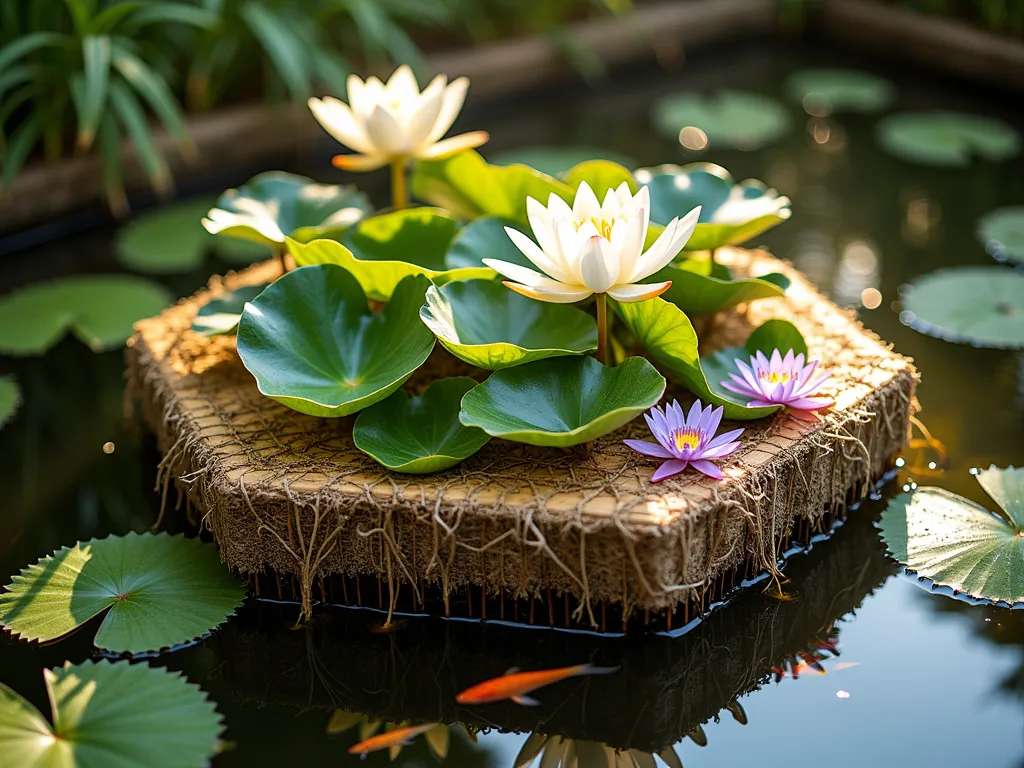 Floating Water Garden Platform with Aquatic Plants - A serene late afternoon shot of a backyard water garden featuring an artistic hexagonal floating platform made of sustainable bamboo and chicken wire mesh. The platform gracefully supports a variety of water lilies, lotus flowers, and marsh irises, their roots elegantly trailing into the crystal-clear pond water below. Soft golden sunlight filters through the foliage, creating dancing reflections on the water's surface. The floating garden system is photographed from a three-quarter angle, showcasing both the innovative platform design and the natural integration with the surrounding water feature. Delicate water droplets glisten on the leaves, while small fish swim beneath the natural filtration system created by the hanging roots.