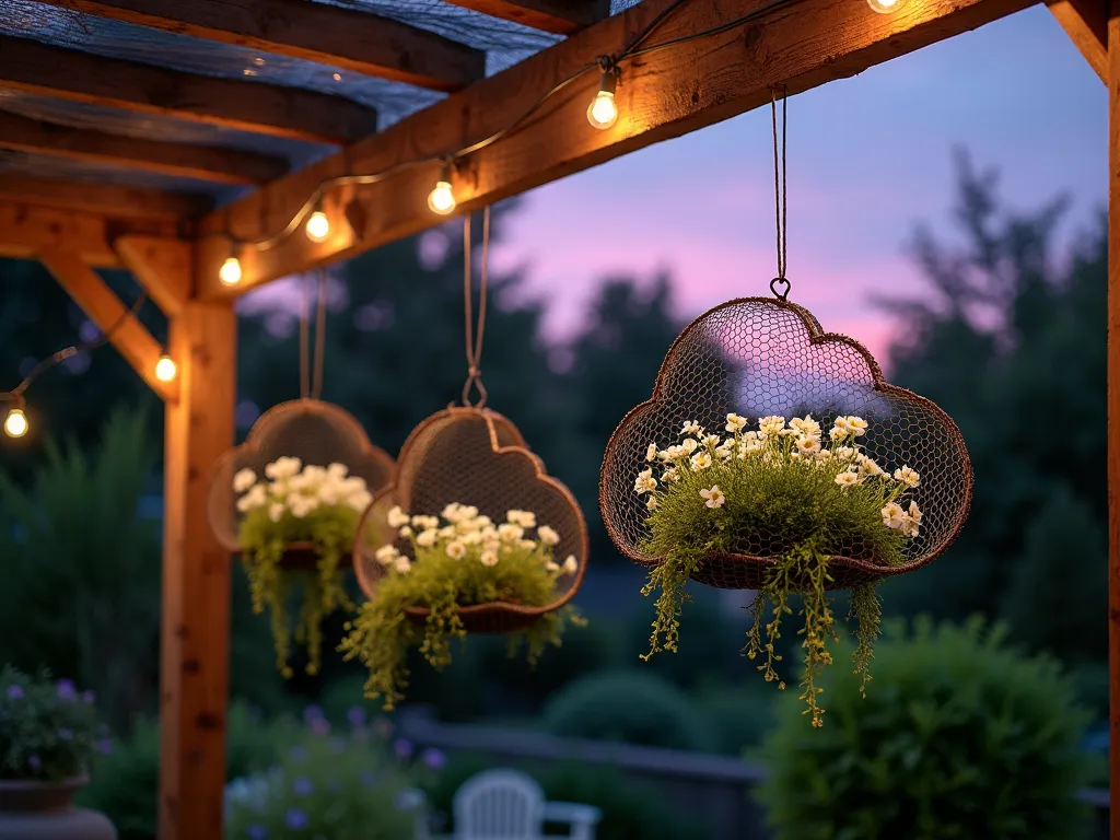 Ethereal Cloud Wire Planters at Dusk - A dreamy twilight garden scene featuring three cloud-shaped chicken wire planters suspended at varying heights from a rustic wooden pergola. The planters are filled with cascading white Lobularia (Sweet Alyssum) and silvery Dichondra argentea, creating a floating cloud effect. Shot from a low angle perspective with the dusky purple sky visible through the pergola. Soft garden lights illuminate the planters from below, casting ethereal shadows on the surrounding space. Captured with a 16-35mm lens at f/2.8, ISO 400, creating a magical bokeh effect with the background garden foliage and subtle string lights. The delicate wire structure catches the last golden rays of sunset, adding depth and dimension to the cloud shapes.