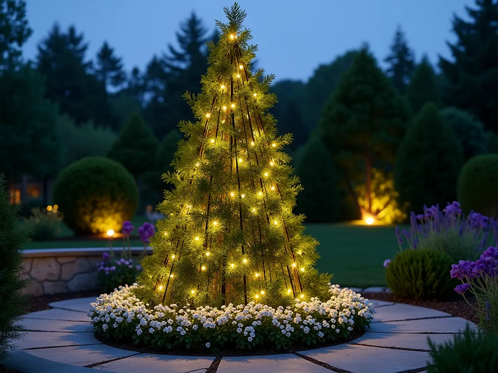 Living Christmas Tree Wire Frame Garden Feature - A stunning dusk photograph of a 7-foot tall cone-shaped chicken wire frame structure in a garden setting, densely planted with cascading evergreen ivy and flowering clematis. The structure is illuminated with warm white LED string lights that gently twinkle against the dusky blue sky. The base is surrounded by a circular bed of white petunias and lavender, creating a soft, magical glow. The wire frame structure is positioned on a natural stone patio corner, with subtle landscape lighting highlighting the surrounding garden beds. Shot from a slight low angle to emphasize the height and majesty of the living sculpture, with soft bokeh effects in the background showing other garden elements. Photorealistic, high-end garden photography style.