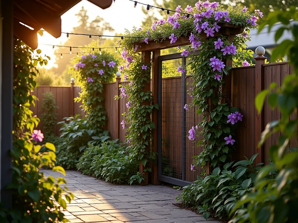 Living Privacy Screen with Climbing Plants - A stunning backyard transformation featuring a 7-foot tall freestanding privacy screen made of rustic wooden frames and black chicken wire panels, photographed during golden hour. The screen is abundantly covered with flowering jasmine and vibrant purple clematis vines creating a natural living wall. Soft evening light filters through the foliage, casting intricate shadows on a nearby stone patio. The composition is captured at a 45-degree angle using a 16-35mm lens at f/2.8, showcasing both the architectural structure and the organic beauty of the climbing plants. The background features a blurred garden setting with string lights adding ambient warmth.