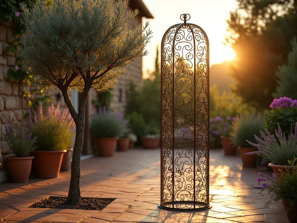 Mediterranean Olive Tree with Decorative Wire Guard - A tranquil dusk scene in a Mediterranean-style garden featuring a young olive tree protected by an elegant cylindrical chicken wire cage. The wire guard is artistically shaped with decorative swirls and patterns, standing 6 feet tall. Golden evening light filters through the olive tree's silvery-green leaves, casting intricate shadows through the wire mesh onto the terracotta-tiled patio. The background shows weathered stone walls with climbing bougainvillea, and traditional terracotta pots filled with lavender and rosemary. Shot at f/2.8 with a slight bokeh effect, capturing the warm Mediterranean atmosphere and the delicate interplay of light through the wire design. Photographed with a 16-35mm lens at a 45-degree angle to showcase both the detailed wire craftsmanship and the garden context.