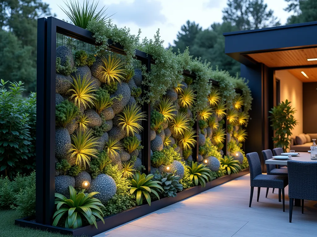 Modern Chicken Wire Living Wall Divider - A stunning contemporary garden scene at dusk featuring a 7-foot tall freestanding living wall divider. The divider consists of sleek black metal frames holding structured chicken wire panels, elegantly illuminated by subtle garden lighting. The wall is abundantly filled with cascading air plants, geometric clusters of echeveria succulents in silver-blue tones, and delicate string of pearls trailing down. The modern design creates a natural privacy screen between a minimalist lounge area and dining space, with clean lines and architectural elements. Shot from a 45-degree angle to showcase both the structural detail and the organic flow of the plants, with soft bokeh lighting in the background creating depth.