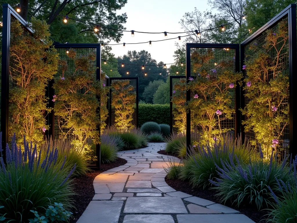 Modular Chicken Wire Garden Screen System - A serene twilight garden scene showcasing elegant modular chicken wire panels arranged in a geometric pattern, photographed with a wide-angle 16-35mm lens at f/2.8. The panels, standing 6 feet tall, feature a modern black powder-coated finish and are connected by sleek metal hinges. Climbing jasmine and morning glories weave through some sections, while others remain open to define garden pathways. Soft garden lighting casts intricate shadow patterns through the wire mesh onto a natural stone pathway. The panels are arranged in a zigzag formation, creating intimate garden rooms filled with ornamental grasses and lavender. The golden hour lighting emphasizes the architectural elements while string lights draped above add a magical ambiance. Shot at ISO 400 to capture the subtle evening light and shadow detail.