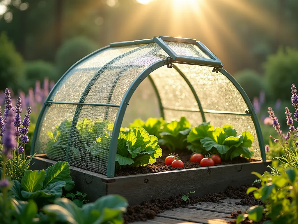 Elegant Chicken Wire Garden Dome - A serene early morning garden scene featuring an elegant, dome-shaped chicken wire protective structure over a thriving raised vegetable bed. The 4-foot tall dome is painted in a soft sage green rust-resistant finish, perfectly complementing the garden. Sunlight filters through morning mist, casting intricate shadows through the wire mesh onto abundant lettuce, tomatoes, and herbs below. The dome's hinged access panel is partially open, creating an inviting composition. Surrounding the dome are flowering lavender plants and ornamental grasses, while a rustic wooden garden path leads to the structure. Shot from a 45-degree angle to showcase both the dome's architectural beauty and the protected vegetables within. Dew drops glisten on the wire mesh, adding magical sparkle to the scene.