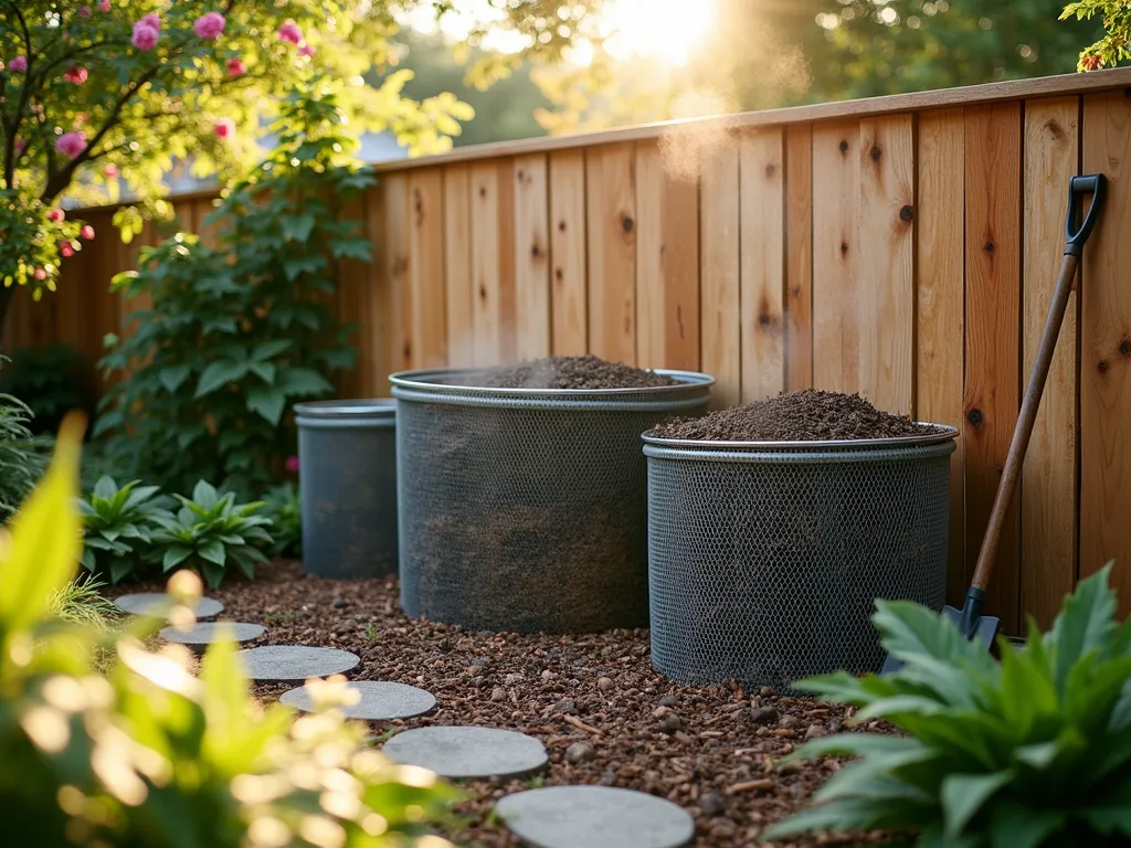 Rustic Garden Composting Station - A stunning backyard garden scene at golden hour featuring three cylindrical chicken wire composting bins arranged in a semi-circle against a natural wood fence. The bins, approximately 4 feet tall, showcase different stages of composting - fresh materials, active decomposition, and finished compost. Garden tools lean artistically against the rightmost bin, while flowering climbers softly frame the scene. Natural sunlight filters through nearby trees, casting dappled shadows across the composting station. A close-up perspective highlights the intricate mesh pattern of the galvanized chicken wire, while steam rises gently from the active compost bin. Decorative stones and wood chips create an organized path between the bins, with lush ferns and hostas providing ground coverage nearby. Shot with shallow depth of field, emphasizing the organic textures and rustic charm of this functional garden feature.