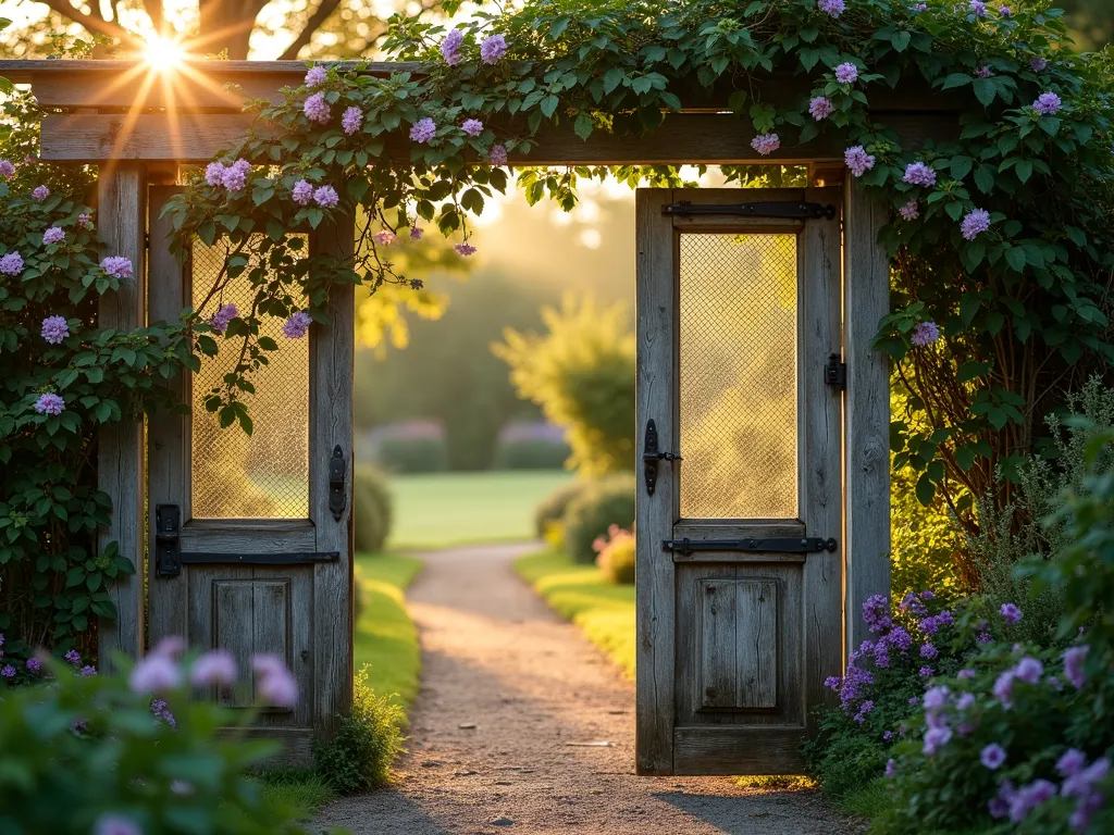 Rustic Chicken Wire Garden Gate with Climbing Roses - A stunning rustic garden gate photographed during golden hour, featuring weathered wood frames and vintage iron hinges. The gate is crafted from reclaimed barn wood with intricate chicken wire panels, partially covered by blooming climbing roses and delicate purple clematis. Soft evening sunlight filters through the wire mesh, creating enchanting shadows on a winding garden path beyond. Shot at f/2.8 with a shallow depth of field, capturing the romantic cottage garden atmosphere with soft bokeh in the background showing lush greenery. The composition includes vintage-style metal latches and decorative hardware, while the wooden frame shows beautiful natural patina. Wide-angle perspective showcases the full height of the gate within its garden setting.