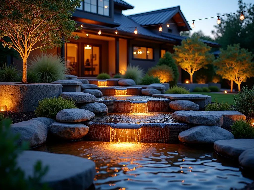 Rustic Chicken Wire Rock Cascade - A stunning dusk photograph of a modern garden water feature, where sculptural chicken wire forms cascade down three levels, filled with smooth river rocks and illuminated by warm landscape lighting. The water gracefully trickles through the rocks, creating gentle ripples in the collection pool below. Japanese maples and ornamental grasses frame the feature, while string lights overhead cast a magical ambiance. Shot at f/2.8 with shallow depth of field, focusing on the interplay of water droplets and glowing rocks within the wire frameworks. The surrounding garden beds feature low-maintenance succulents and moss, creating a contemporary zen atmosphere.