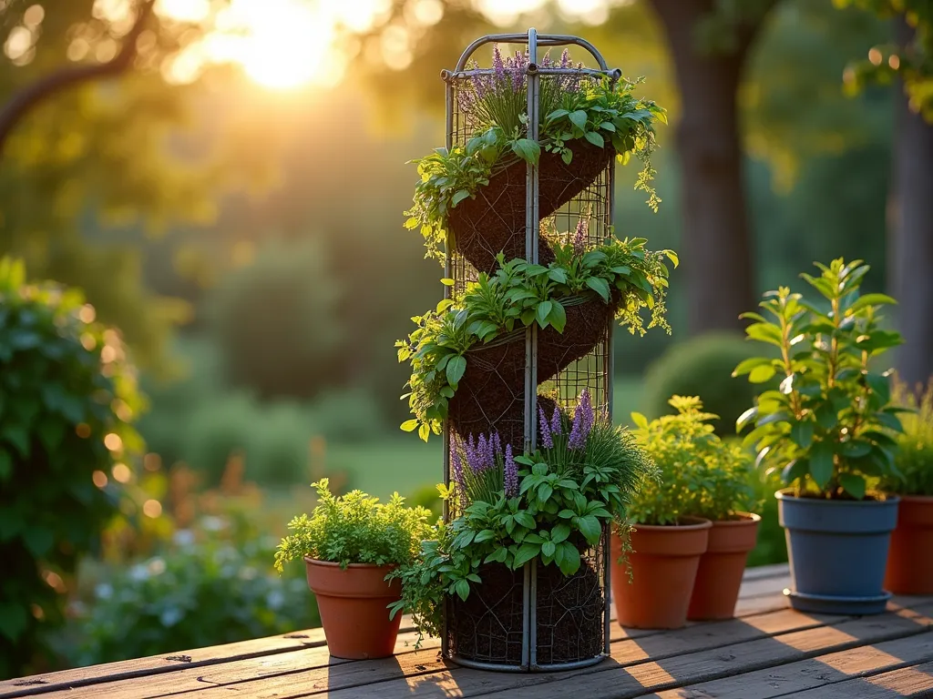 Vertical Herb Tower at Sunset - A stunning vertical herb garden tower photographed during golden hour, shot with a 16-35mm lens at f/2.8, ISO 400. The cylindrical structure, made from industrial-grade chicken wire, stands 6 feet tall on a rustic wooden deck. Multiple tiers of aromatic herbs cascade down the tower, including trailing rosemary, purple sage, and fresh basil. The wire frame is artfully filled with rich organic soil and features herbs planted at various angles, creating a lush, living spiral. Soft evening sunlight filters through the foliage, casting intricate shadows on the deck. The background shows a blurred garden landscape with warm bokeh effects. The tower's architectural design combines form and function, with each herb variety clearly visible and accessible for harvesting. The structure is complemented by weathered terracotta pots at its base containing companion herbs.