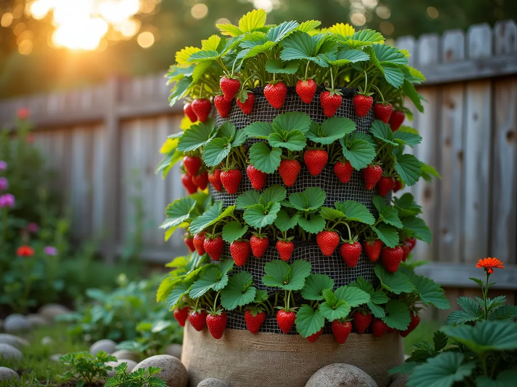 Vertical Strawberry Tower at Sunset - A stunning vertical strawberry tower in a serene garden setting at golden hour, shot at f/2.8 with a 16-35mm lens. The 6-foot tall cylindrical structure made of chicken wire features cascading levels of lush strawberry plants with bright red fruits hanging through the mesh. The tower is artfully positioned against a weathered wooden fence, with soft evening light filtering through the foliage. Vibrant green strawberry leaves spill out from carefully crafted planting pockets wrapped in natural burlap, creating a living wall effect. The base is surrounded by decorative river rocks and flowering companion plants. Depth of field focuses on the ripe strawberries while gently blurring the background garden elements.