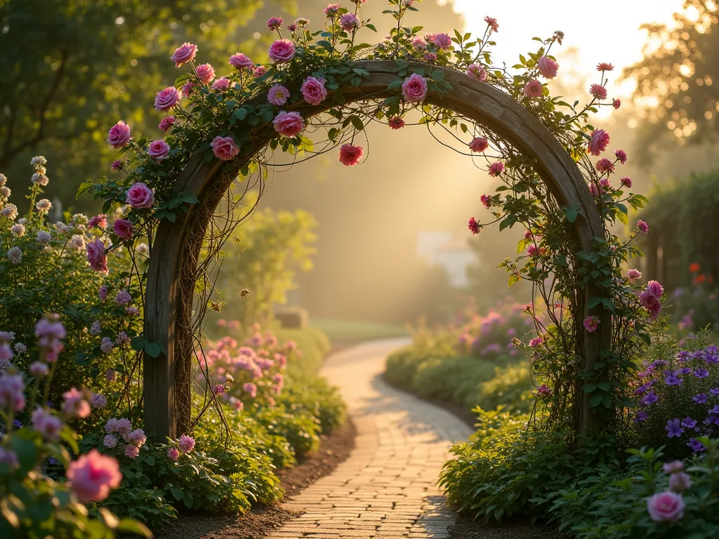 Romantic Vintage Chicken Wire Garden Arch - A sun-dappled garden scene featuring a graceful 8-foot arched trellis crafted from weathered chicken wire and reclaimed wooden posts, photographed during golden hour. Pink climbing roses and purple clematis intertwine through the mesh, creating a romantic natural tunnel. The vintage-style arch frames a winding garden path, with soft bokeh effects highlighting dewdrops on the foliage. Dappled sunlight filters through the flowering vines, casting intricate shadows on the rustic brick pathway below. The composition captures the arch from a slight angle, showcasing both its structural elegance and the organic beauty of the climbing plants, while a subtle morning mist adds atmospheric depth to the background garden.