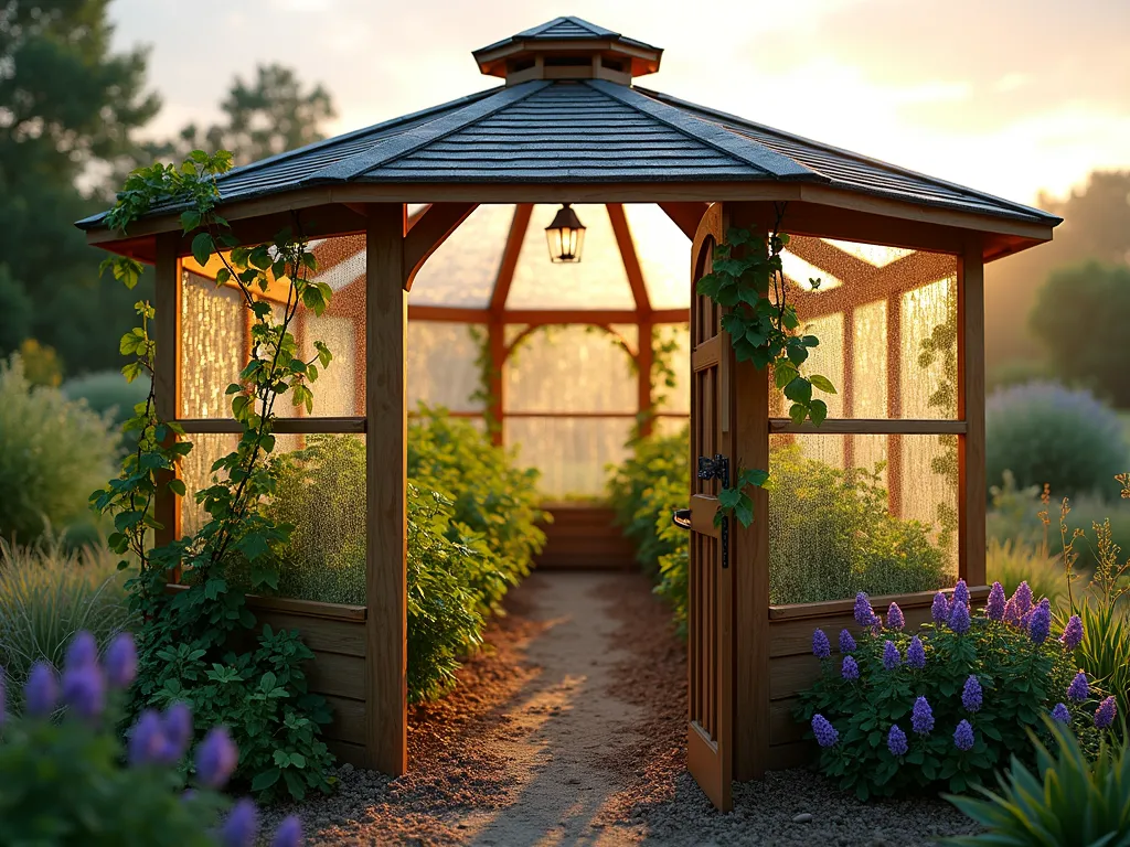 Walk-in Fruit Cage Paradise - A serene early morning garden scene featuring an elegant 8-foot-tall hexagonal walk-in fruit cage structure made of cedar posts and galvanized chicken wire walls and roof, photographed at golden hour. Inside, neat rows of flourishing blueberry bushes, raspberry canes, and strawberry plants create a fruit-grower's paradise. Dew drops glisten on the chicken wire mesh as soft sunlight filters through, casting delicate shadows on the mulched pathways below. The structure features a charming arched entrance door with vintage-style hardware, while climbing grape vines gracefully wrap around the exterior corners. A wide-angle perspective captures the entire structure within a beautifully landscaped cottage garden setting, with lavender borders and ornamental grasses adding depth and texture to the scene.