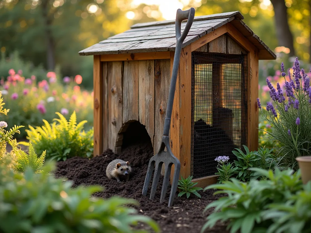 Eco-Friendly Chicken Wire Compost System - A professional DSLR wide-angle shot of a rustic garden compost bin at golden hour, constructed with cedar wood frame and black chicken wire mesh. The bin features larger openings at the ground level, where a curious hedgehog is visible passing through. Rich, dark compost soil spills from within, surrounded by native wildflowers and ferns. Natural sunlight filters through nearby trees, casting dappled shadows on the weathered wood. The compost bin is nestled against a backdrop of cottage-style garden beds with flowering perennials. A vintage gardening fork leans against the structure, while butterfly bush and lavender frame the scene, attracting wildlife. Shot at f/8 with perfect depth of field, capturing both the detailed texture of the chicken wire and the soft bokeh of the background garden.