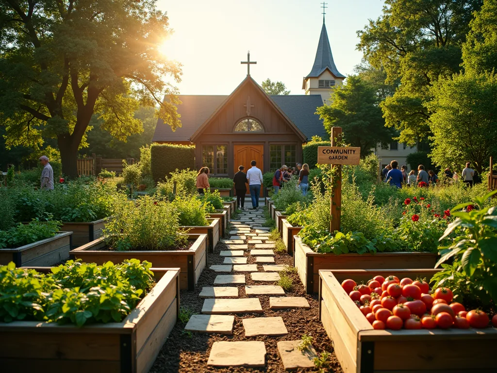 Accessible Community Church Garden at Sunset - A DSLR wide-angle shot capturing a serene church community garden at golden hour. Multiple raised wooden garden beds arranged in an organized pattern, filled with flourishing vegetables and fruits. Wheelchair-accessible elevated planters in the foreground with smooth, wide paths between beds. Gentle sunlight filtering through nearby trees, casting warm shadows across the garden. Small groups of diverse community members tending to plants together. Rustic wooden sign reading 'Community Garden' adorned with climbing jasmine. Garden shed in background with collected harvest baskets. Peaceful church spire visible in the distance. Professional photography with f/8 aperture capturing rich details of ripening tomatoes, leafy greens, and flowering herbs. Natural stone pathway connecting different garden sections.