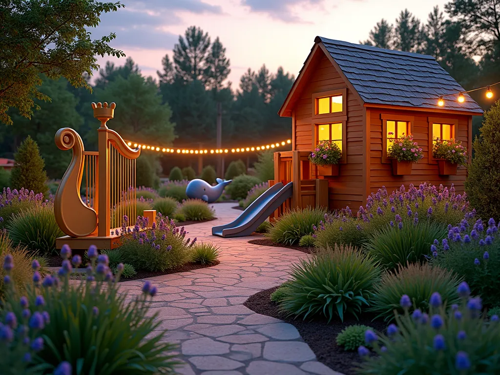 Whimsical Biblical Children's Discovery Garden - A magical twilight scene of a children's biblical garden, featuring a large wooden Noah's Ark structure with colorful flower planters emerging from its windows, captured with a wide-angle 16-35mm lens at f/2.8. Soft garden lighting illuminates a winding pathway bordered by child-safe herbs and strawberry plants. A playful whale-shaped playground structure with slides emerges from a bed of lavender and chamomile. In the foreground, an interactive musical station features a golden harp-shaped structure with wind chimes. String lights twinkle overhead, creating a enchanting atmosphere. The garden includes raised beds shaped like animals from Noah's Ark, filled with edible flowers and sensory plants. Natural wooden learning stations with biblical story panels are integrated throughout. Shot during golden hour with ISO 400, capturing the magical interplay of natural and artificial lighting.