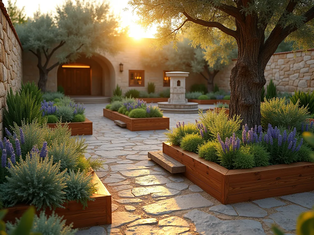 Biblical Herb Garden at Sunset - A serene DSLR photograph of a meticulously designed Biblical herb garden at golden hour, featuring three raised cedar wood beds arranged in a cross pattern. Natural stone pathways wind between the beds, with weathered limestone plaques identifying biblical herbs. Hyssop's purple blooms cascade over bed edges, while silver-green sage and vibrant mint create a tapestry of textures. Rustic wooden benches flank the garden, and a stone water fountain serves as a focal point. Golden sunset light filters through a nearby olive tree, casting warm shadows across the aromatic garden. Shot with a wide-angle lens capturing the entire sacred space, with detailed herbs visible in the foreground. 8K resolution, natural lighting, photorealistic, architectural photography