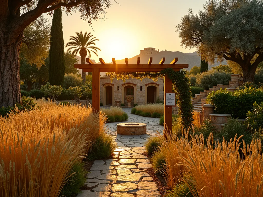 Biblical Seven Species Garden at Sunset - A serene Mediterranean-style garden at golden hour featuring the seven biblical species arranged in terraced levels. In the foreground, swaying wheat and barley create a golden carpet. The middle ground showcases a rustic pergola draped with climbing grapevines, while mature fig and pomegranate trees frame the space. Ancient olive trees with gnarled trunks stand majestically against a warm sunset sky, with graceful date palms towering in the background. Stone pathways wind through the garden, leading to a small circular teaching area with natural stone seating. Carved wooden signs with biblical verses mark each species. Shot with a wide-angle lens capturing the entire sacred space bathed in warm, ethereal light, with selective focus on the detailed textures of the crops and architectural elements. Professional photograph, 16-35mm lens, f/2.8, ISO 400.