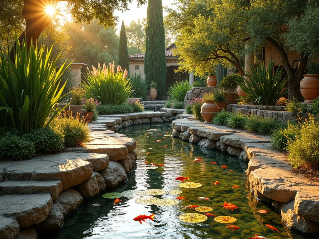 Tranquil Biblical Water Garden at Dusk - A serene DSLR photograph of a meandering garden stream designed to evoke the River Jordan, captured at golden hour with warm, divine light filtering through towering papyrus plants. The natural stone-lined water feature flows through a lush garden space, with crystal-clear water revealing colorful koi fish swimming beneath floating water lilies. Ancient-looking stone benches line the stream's edge, while clusters of blooming oleanders and Mediterranean cypress create a biblical atmosphere. Weathered terra cotta pots filled with hyssop and lavender accent the pathways. Natural rock formations create gentle waterfalls, with the sound of flowing water adding to the peaceful ambiance. The wide-angle shot captures the entire sacred space while maintaining intimate details of the aquatic plants reflecting in the golden water. f/8, ISO 100, 1/125 sec.