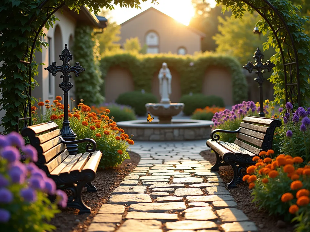 Serene Butterfly Prayer Garden at Sunset - A peaceful church garden sanctuary at golden hour, photographed with a wide-angle lens capturing a curved garden path lined with blooming butterfly bushes, purple lantana, and vibrant zinnias. Sunlight filters through ornate wrought-iron crosses and stone religious sculptures. Two weathered wooden meditation benches face a small stone fountain surrounded by fluttering monarchs and swallowtail butterflies. The garden is enclosed by natural stone walls covered in climbing roses, creating an intimate prayer space. Soft evening light casts long shadows across the textured flagstone path, while butterfly-friendly flowers sway gently in the breeze. Shot at f/8 with natural lighting highlighting the sacred atmosphere and spiritual elements of the garden sanctuary.