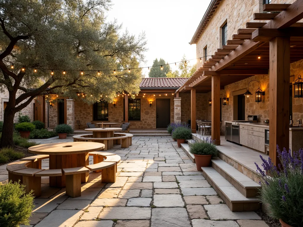 Serene Church Fellowship Courtyard at Dusk - A warm, inviting church courtyard at golden hour, shot with a wide-angle lens showcasing a well-designed outdoor gathering space. Stone pathways wind through the space, leading to multiple seating areas with comfortable teak benches and round tables sheltered by elegant wooden pergolas draped with wisteria. A modern outdoor kitchen with stone countertops and serving area sits discreetly to one side, complemented by weathered copper lanterns. Mature olive trees provide natural shade while potted lavender and rosemary create aromatic borders. String lights criss-cross overhead, creating a magical atmosphere as the sun sets. The space is photographed at f/2.8 with subtle depth of field, capturing the warm glow of evening light filtering through the pergola slats.